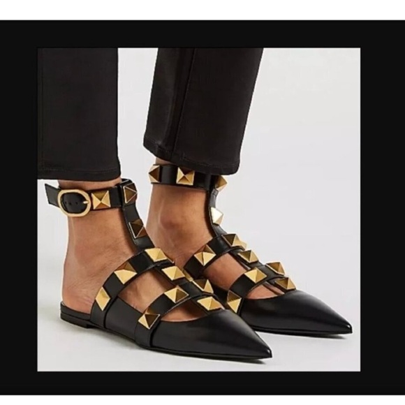 Valentino Garavani Shoes - *Valentino* Rockstud Roman Ballerina Flat -Black and Gold Studded Women's Flats